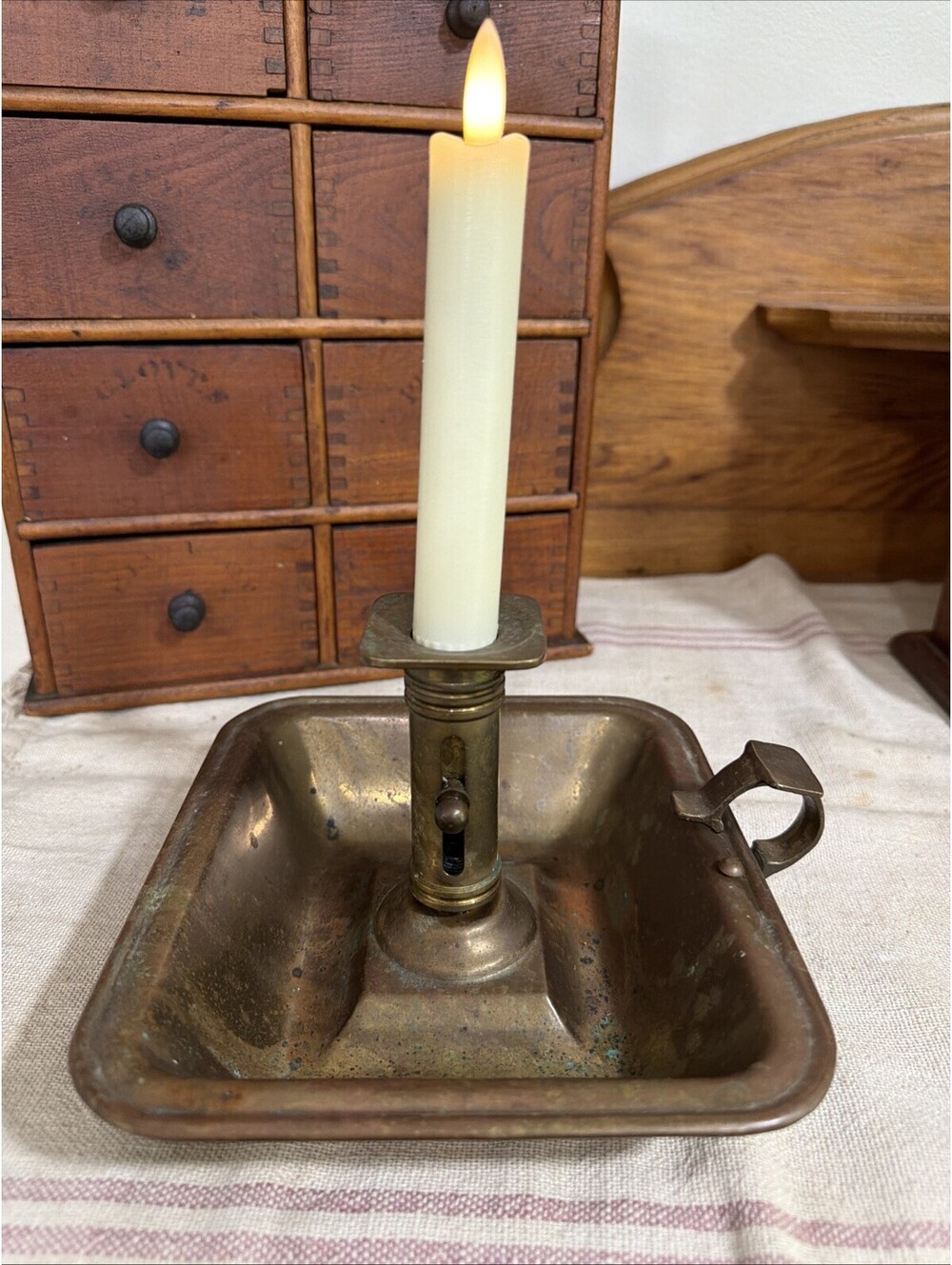 Vintage Brass Push Up Chamberstick Candle Holder W/ Finger Loop Ejector & Candle